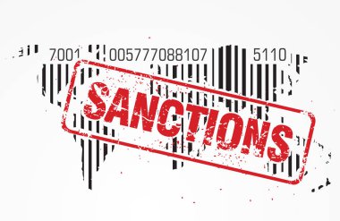 Yaptırımlar ve ticaret savaşları kavramı yazıt ile bir mürekkep damgası şeklinde yaptırımlar dünyanın arka plan üzerinde bir barkod ile eşleyin. Vektör çizim.