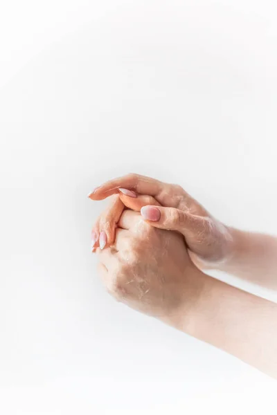 Frauenhände Seifenlauge Händereinigung Händepflege Handcreme Keimdesinfektion — Stockfoto