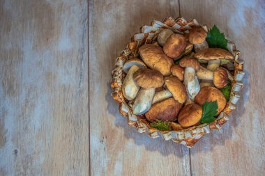 Mantar, birçok çörek yenilebilir sepet rustik arka plan üzerinde ormandan gelen lezzetli doğal gıda sepeti düz yatıyordu, en iyi görünümü