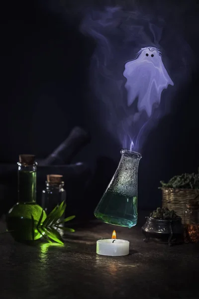 alchemist\'s table, chemical test tubes, steam from a test tube, experiment with a magic elixir, from the pair flies ghost