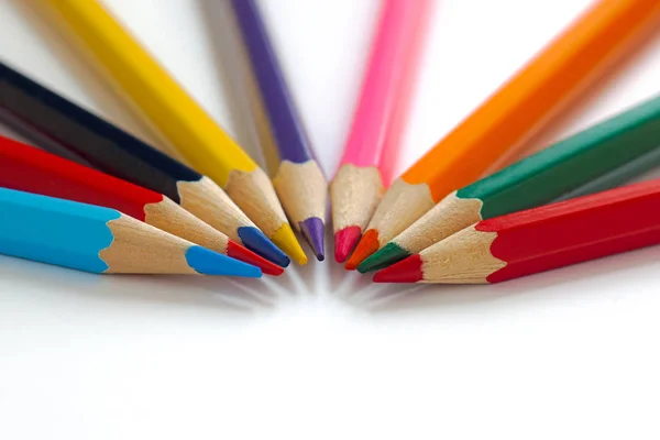 Bright Pencils Lie Semicircle Close Each Other Multi Colored Sharp — Stock Photo, Image