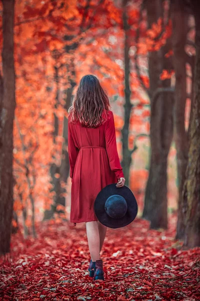 Podzimní Park Žena Módních Šatech Procházka Lesem Černým Kloboukem Ruce — Stock fotografie