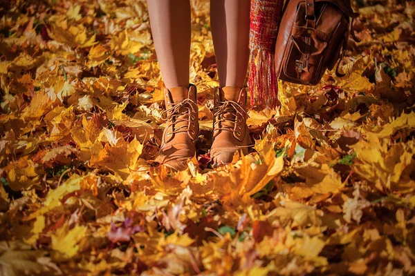 Vrouwelijke Benen Gele Laarzen Heldere Herfst Bladeren Een Wandeling Het — Stockfoto