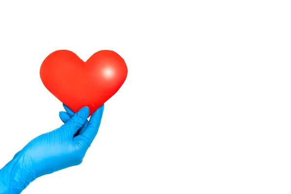 hands in blue gloves holding a red paper heart on a white background, concept of health, medicine, heart disease