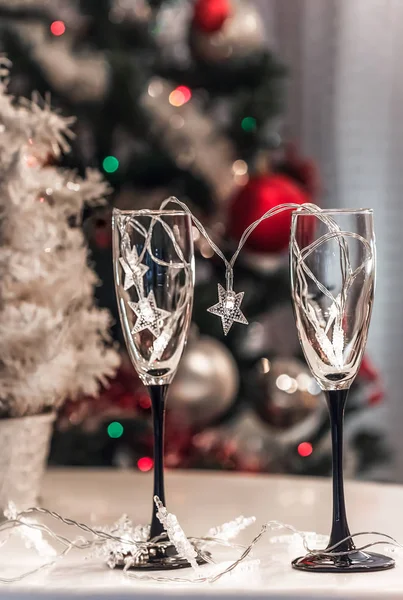 Pair Wine Glasses Background New Year Tree Christmas Lights Romantic — Stock Photo, Image
