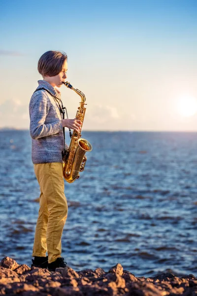 Portrait Musician Boy Plays Saxophone Seashore Young Musician Plays Music — Stock Photo, Image