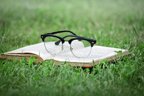 Książka Trawie Parku Okulary Zbliżenie Koncepcja Wakacji Letnich Czytanie Literatury — Zdjęcie stockowe