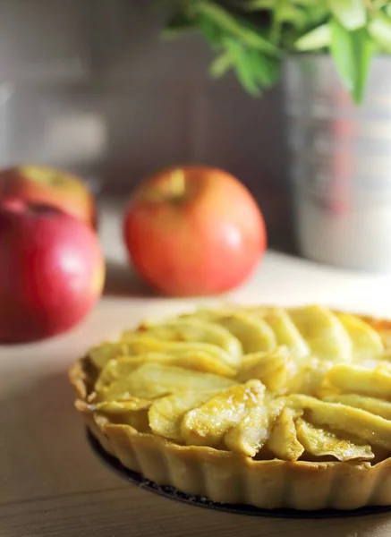 Tarte Aux Pommes Sur Table Bois Aux Pommes — Photo