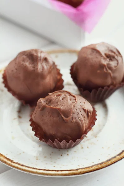 Chocolate Hand Made Candy White Plate — Stock Photo, Image