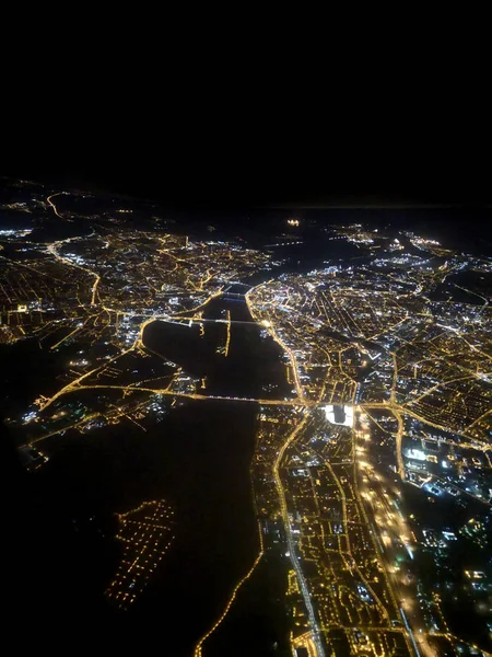 Luzes Cidade Vista Topo Avião Noite Céu — Fotografia de Stock