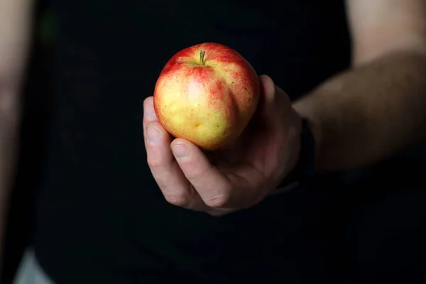 Male Hand Holds Gives Fresh Juicy Red Apple Offering Healthy — Stock Photo, Image