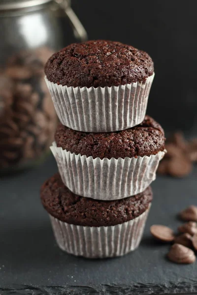 Chocolate Homemade Cupcakes Muffins Black Background Chocolate Drops Background Bakery — Stock Photo, Image