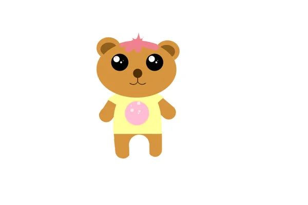 Kawaii cute fancy hipster teddy bear in yellow t-shirt with bubbles print and pink bangs and hair.  Isolated Illustration.