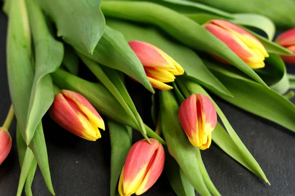 Flores Amarillas Rojas Tulipanes Ramo Fresco Con Hojas Verdes Tallo — Foto de Stock