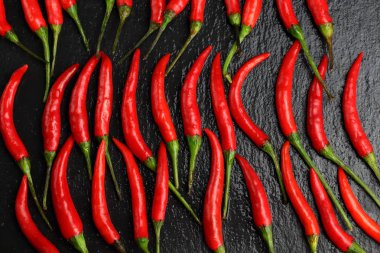 Tazelik su çiğ siyah grafit kayrak taş yüzeyi, keskin sıcak baharat kırmızı biber biber ile ıslak bir sürü bırakır. Doğal vejeteryan diyet organik sebze. Karanlık gıda foto