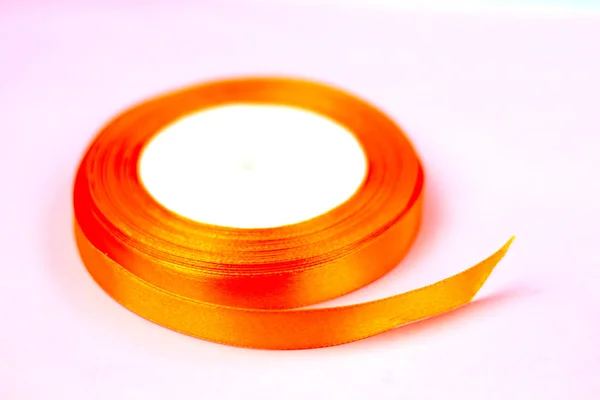 Beautiful Colored Orange Satin Ribbon Top View Decoration Gift Wrapping — Stock Photo, Image