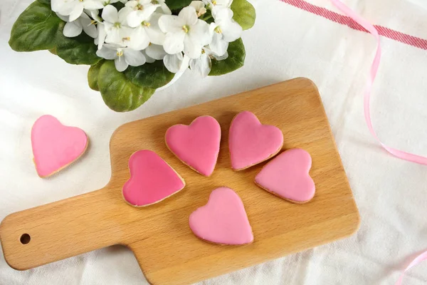 Muito Feminino Flat Lay Com Suavemente Rosa Corações Biscoitos Com — Fotografia de Stock