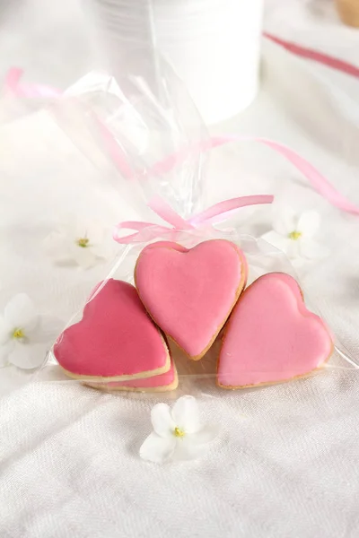 Pretty Girlish Flat Lay Style Gently Pink Hearts Biscuits Cookies — Stock Photo, Image