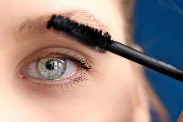 Female Slavic young girl portrait with gray-blue eye and light brown eyebrows close-up photo of half face doing eyelashes makeup with mascara, natural beauty