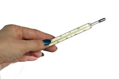 Beyaz izole el Mercury tıbbi termometre