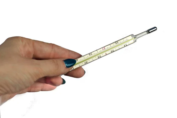 Termometro Medico Mercurio Mano Femminile Isolato Bianco — Foto Stock