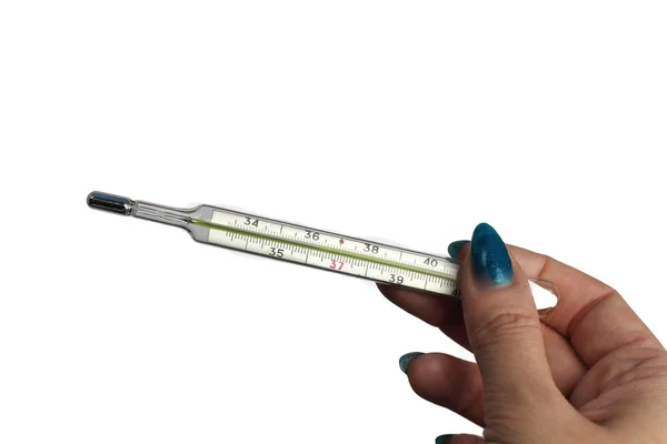 Quecksilber Medizinisches Thermometer Weiblicher Hand Isoliert Weiß — Stockfoto