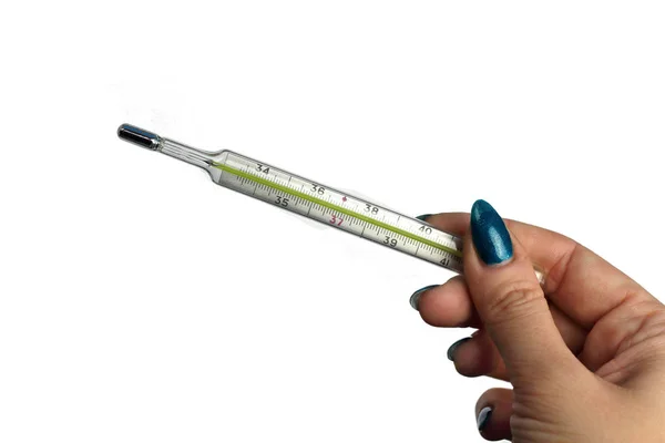 Termômetro Médico Mercúrio Mão Feminina Isolado Branco — Fotografia de Stock