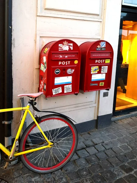 Red Old Style Mailbox Sending Letters Pasted Stickers Wall Street — Stock Photo, Image