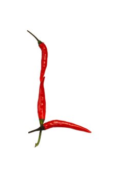 Beyaz üzerinde izole sıcak baharat Cayenne Chili Peppers alfabesi. Harf l şeklinde sebze Chili biber, kelime ve logo yapmak için