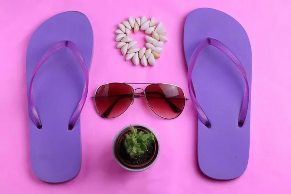 Beach Purple Flip Flops Aviator Sunglasses Seashell Bracelet Succulent Cacti — Stock Photo, Image