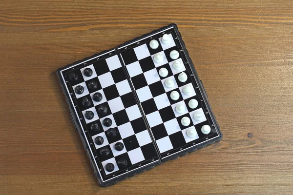 Foldable Plastic Chessboard Black White Chess Wooden Surface Top View — Stock Photo, Image