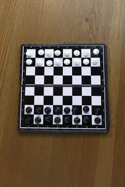 Foldable Plastic Chessboard Black White Chess Wooden Surface Top View — Stock Photo, Image