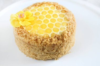 Rus katmanlı bal kek medovic tatlı beyaz ahşap tepsi üzerinde çikolata petek ve tereyağı krem şekli narcissus çiçek ile süslenmiş ahşap bal kaşığı yanında tatlı. doğum günü partisi kutlaması