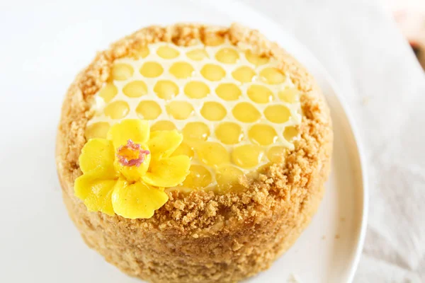 Russian layered honey cake medovic dessert on wooden tray on white next to wooden honey spoon decorated with  chocolate honeycombs and butter cream shape narcissus flower. birthday party celebration