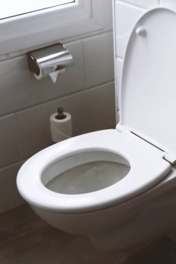 beyaz fayans ve duvarda tuvalet kağıdı ile otelin ev banyoda beyaz asılı klozet kapağı. Banyo lüks iç 