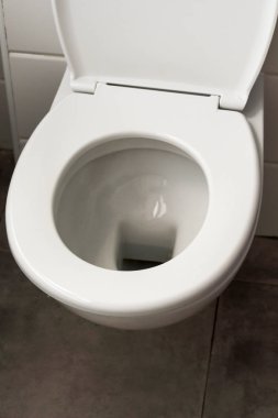 beyaz fayans ve duvarda tuvalet kağıdı ile otelin ev banyoda beyaz asılı klozet kapağı. Banyo lüks iç