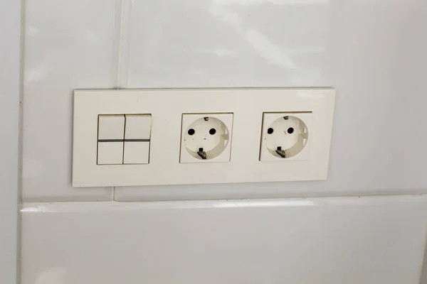 Two White Socket Switch Wall Tiles Hotel Bathroom White Tiles — Stock Photo, Image