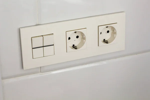 Two White Socket Switch Wall Tiles Hotel Bathroom White Tiles — Stock Photo, Image