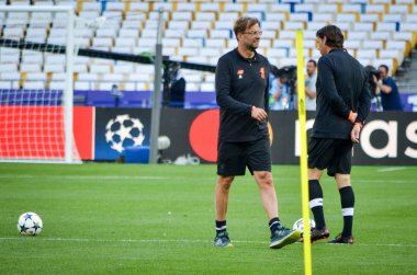 Kiev, Ukrayna - 26 Mayıs 2018: Jürgen Klopp 2018 Uefa Şampiyonlar Ligi final maçında Real Madrid ve Liverpool, Ukrayna arasında önce
