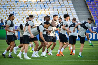 Kiev, Ukrayna - 26 Mayıs 2018: Eğitim 2018 Uefa Şampiyonlar Ligi final maçında Real Madrid ve Liverpool, Ukrayna arasında önce bir Liverpool futbol oyuncuları