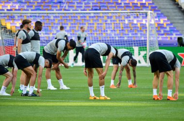 Kiev, Ukrayna - 26 Mayıs 2018: Eğitim 2018 Uefa Şampiyonlar Ligi final maçında Real Madrid ve Liverpool, Ukrayna arasında önce bir Liverpool futbol oyuncuları