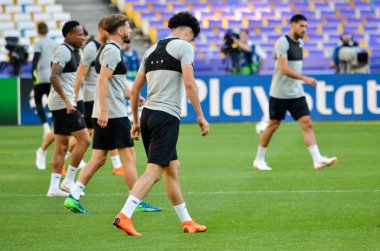 Kiev, Ukrayna - 26 Mayıs 2018: Eğitim 2018 Uefa Şampiyonlar Ligi final maçında Real Madrid ve Liverpool, Ukrayna arasında önce bir Liverpool futbol oyuncuları