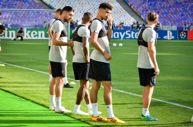 Kiev, Ukrayna - 26 Mayıs 2018: Eğitim 2018 Uefa Şampiyonlar Ligi final maçında Real Madrid ve Liverpool, Ukrayna arasında önce bir Liverpool futbol oyuncuları