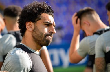 Kiev, Ukrayna - 26 Mayıs 2018: Mohamed Salah ve eğitim 2018 Uefa Şampiyonlar Ligi final maçında Real Madrid ve Liverpool, Ukrayna arasında önce bir Liverpool futbol oyuncuları