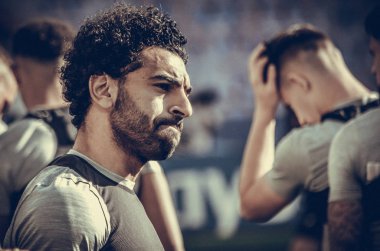 Kiev, Ukrayna - 26 Mayıs 2018: Mohamed Salah ve eğitim 2018 Uefa Şampiyonlar Ligi final maçında Real Madrid ve Liverpool, Ukrayna arasında önce bir Liverpool futbol oyuncuları