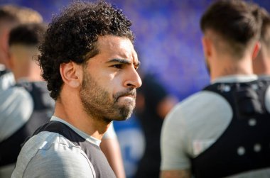 Kiev, Ukrayna - 26 Mayıs 2018: Mohamed Salah ve eğitim 2018 Uefa Şampiyonlar Ligi final maçında Real Madrid ve Liverpool, Ukrayna arasında önce bir Liverpool futbol oyuncuları