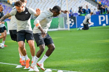 Kiev, Ukrayna - 26 Mayıs 2018: Eğitim 2018 Uefa Şampiyonlar Ligi final maçında Real Madrid ve Liverpool, Ukrayna arasında önce bir Liverpool futbol oyuncuları