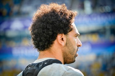 Kiev, Ukrayna - 26 Mayıs 2018: Mohamed Salah ve eğitim 2018 Uefa Şampiyonlar Ligi final maçında Real Madrid ve Liverpool, Ukrayna arasında önce bir Liverpool futbol oyuncuları