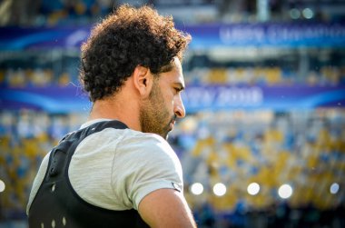 Kiev, Ukrayna - 26 Mayıs 2018: Mohamed Salah ve eğitim 2018 Uefa Şampiyonlar Ligi final maçında Real Madrid ve Liverpool, Ukrayna arasında önce bir Liverpool futbol oyuncuları