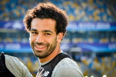 Kiev, Ukrayna - 26 Mayıs 2018: Mohamed Salah ve eğitim 2018 Uefa Şampiyonlar Ligi final maçında Real Madrid ve Liverpool, Ukrayna arasında önce bir Liverpool futbol oyuncuları